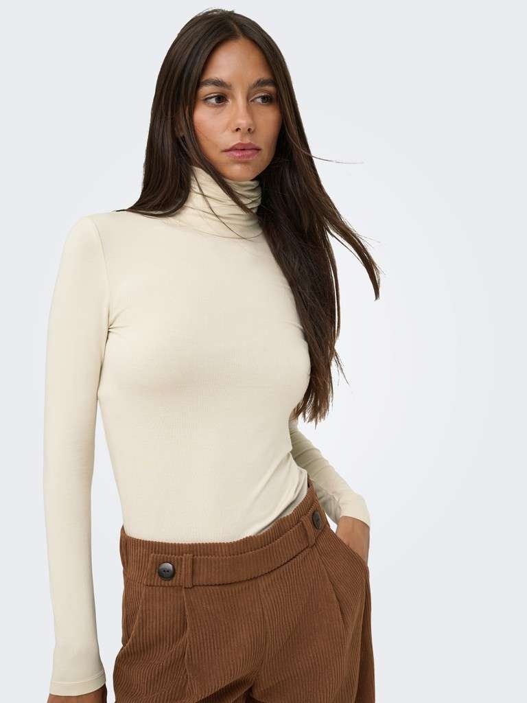 JDY SISSY L/S HIGHNECK TOP JRS DIA, Pologenser,Oatmeal, Offwhite