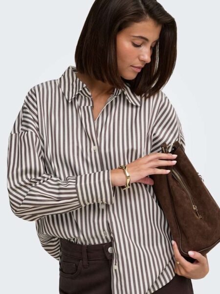 JDY VESPER L/S LOOSE SHIRT WVN NOOS, SKJORTE, Cloud Dancer COFFEE BEAN, Offwhite Brunstripet