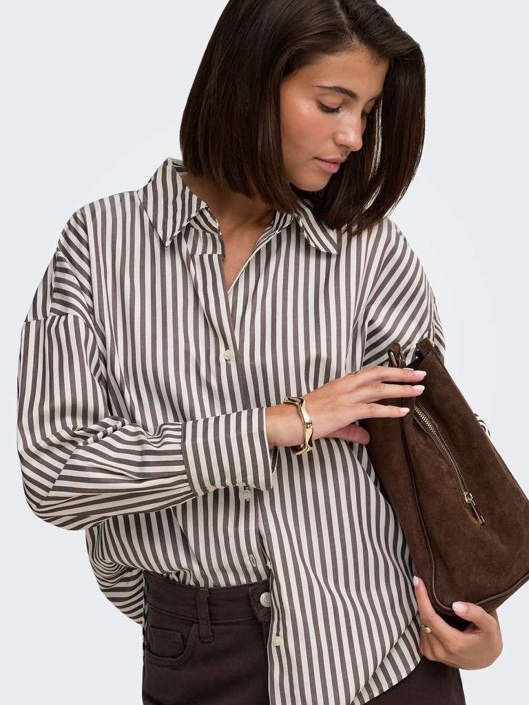 JDY VESPER L/S LOOSE SHIRT WVN NOOS, SKJORTE, Cloud Dancer COFFEE BEAN, Offwhite Brunstripet