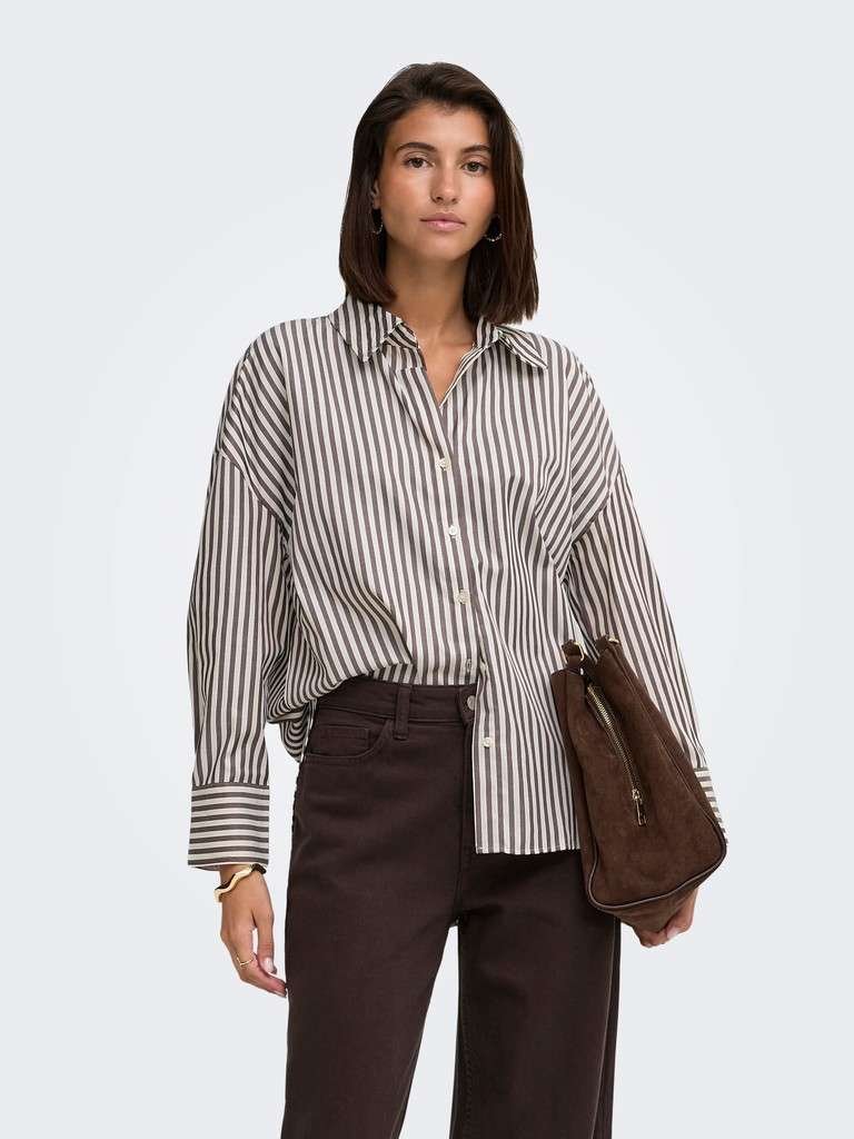 JDY VESPER L/S LOOSE SHIRT WVN NOOS, SKJORTE, Cloud Dancer COFFEE BEAN, Offwhite Brunstripet - Bilde 3