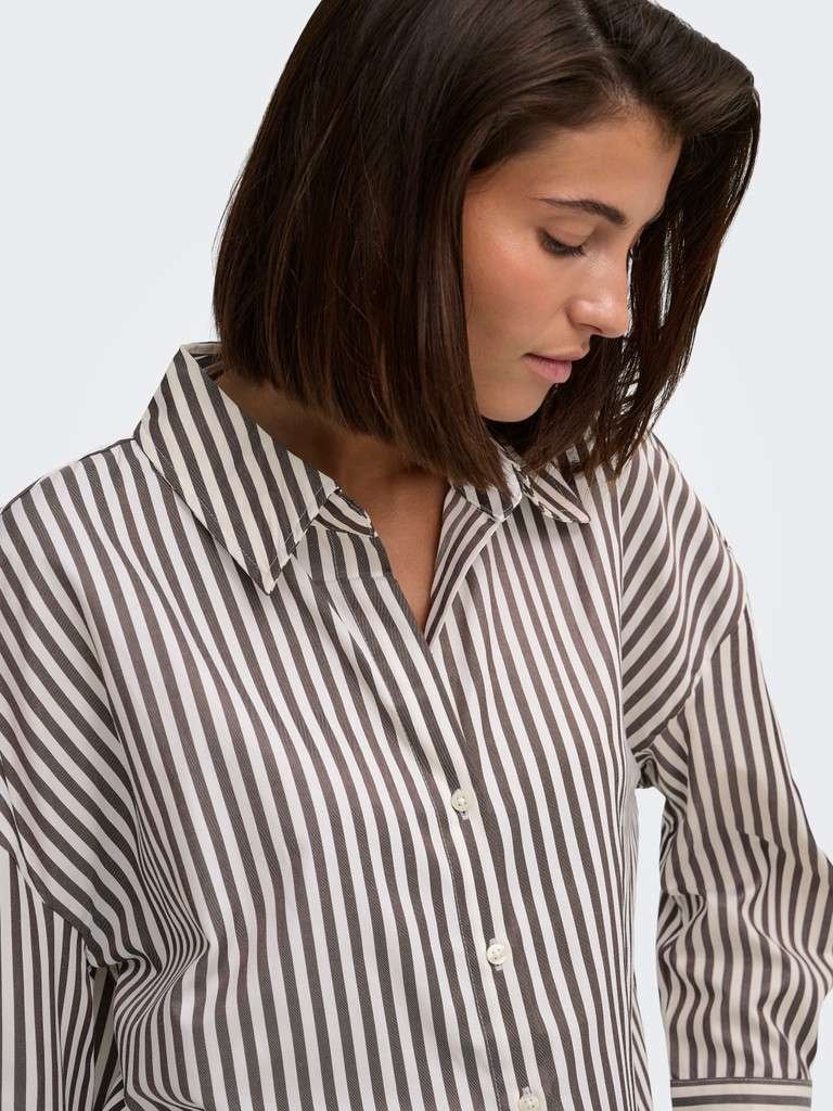 JDY VESPER L/S LOOSE SHIRT WVN NOOS, SKJORTE, Cloud Dancer COFFEE BEAN, Offwhite Brunstripet - Bilde 5