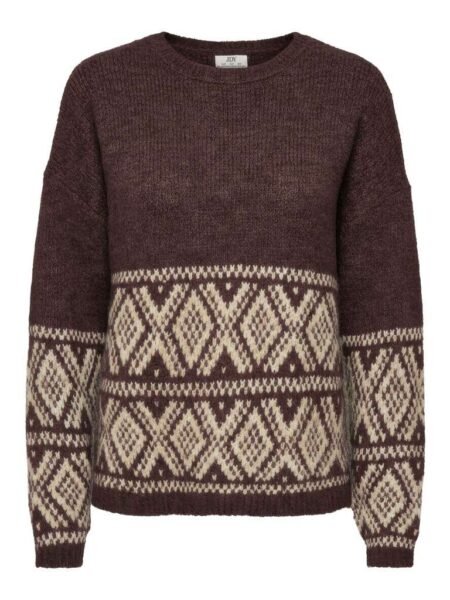 JDY DINA L/S ON FAROE ISLAND PULLOVE KNT, Strikket Genser, Coffee Bean W. OATMEAL FAROE JACQ.Brun Med Beige Marius mønster