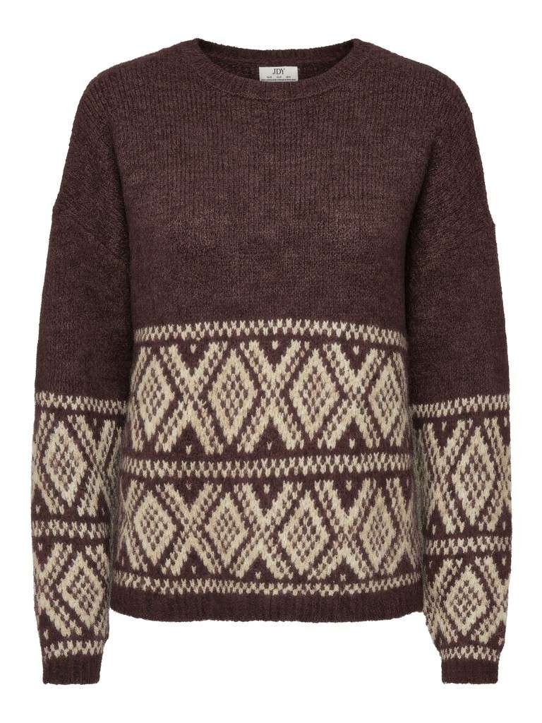 JDY DINA L/S ON FAROE ISLAND PULLOVE KNT, Strikket Genser, Coffee Bean W. OATMEAL FAROE JACQ.Brun Med Beige Marius mønster