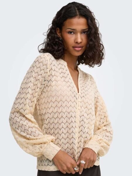 JDY AVERY L/S LACE V-NECK TOP, Blondetopp, JRS, Sandshell NORTH, Lys Beige/ Offwhite, S-  XXL