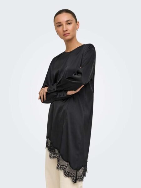 JDY NADDY L/S ASYM LONG TOP WVN, Topp, Black BLACK Lace/Svart SVARTE Blonder