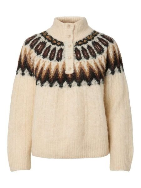 YAS DOMINA LS WOOL BLEND KNIT PULLOVER, Strikkegenser, Wood Ash/W Dijon/S, Offwhite