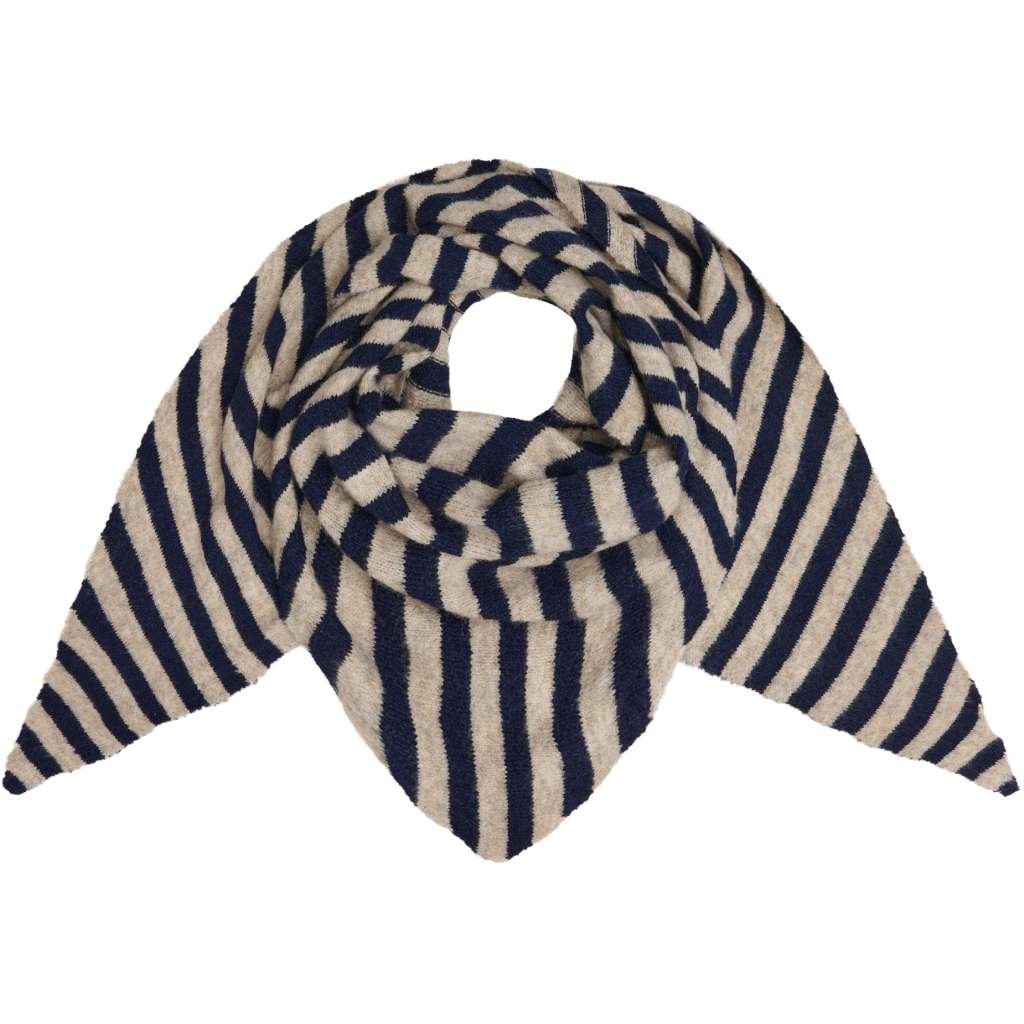 Mdc Kitte Scarf, Trekantskjerf I Viskose Og Ull , Navy/Taupe, Marine Og Beige Stripet