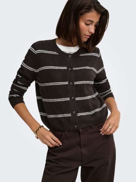 JDY CHLOE LIFE L/S CARDIGAN KNT NOOS - Strikket Cardigan, Chocolate Torte MELANGE W. NEW STRIPE BIRCH, Brun Med Stiper