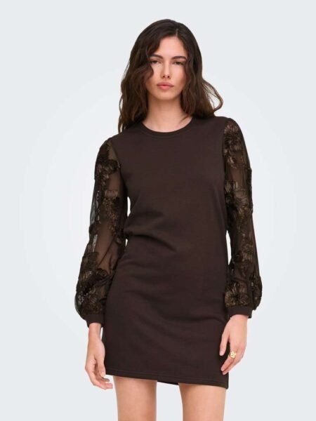 JDY FAIRVIEW LIFE L/S SWEAT DRESS JRS, Langermet Sweatshirtkjole I Jersey, Coffee Bean CASA LACE SLEEVE, Brun