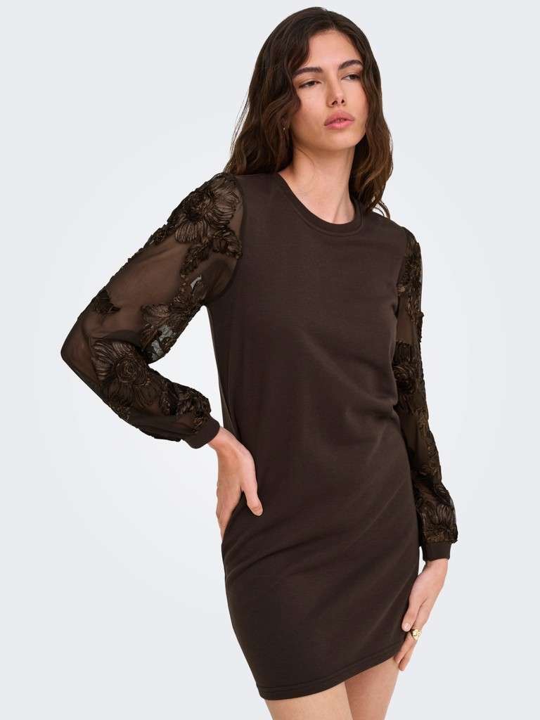 JDY FAIRVIEW LIFE L/S SWEAT DRESS JRS, Langermet Sweatshirtkjole I Jersey, Coffee Bean CASA LACE SLEEVE, Brun - Bilde 2
