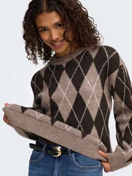 JDY BIANKA L/S ARGYLE PULLOVER KNT NOOS, Genser, Chocolate Torte/Argyle