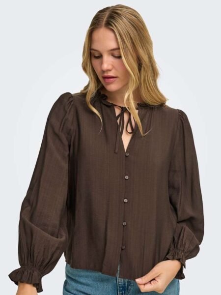 JDY VENUS L/S V-NECK STRING SHIRT WVN, Bluse, Coffe Bean/Brun