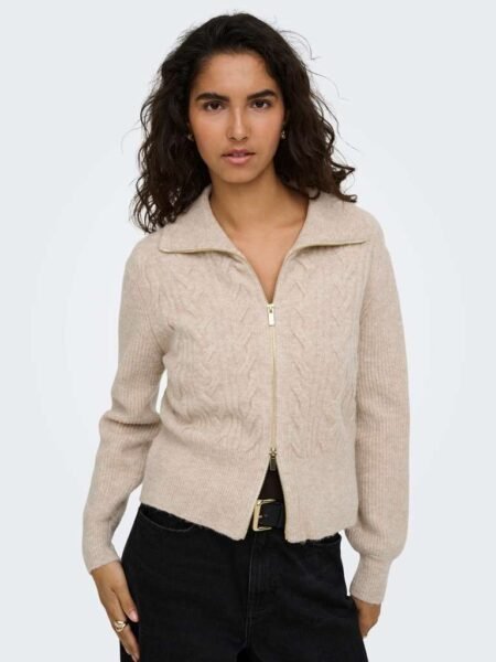 JDY SALLY L/S 2WAY ZIP CARDIGAN KNT, Strikkejakke, Oatmeal Melange/ Beige
