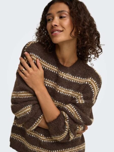 JDY DINA L/S O-NECK STRIPE PULLOVER KNT, Strikkegenser, Chocolate Torte BISON & CLOUD DANCER/Brun