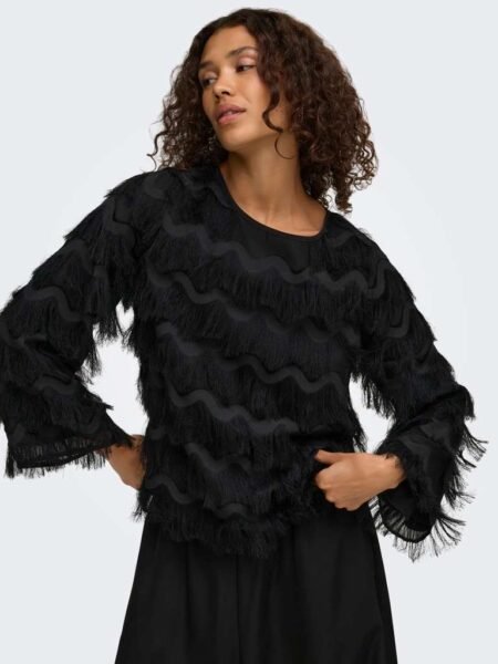JDY, KESHA L/S TOP WVN, Frynsetopp, Black