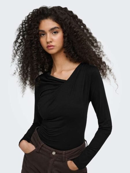 JDY IRENA L/S WATERFALL TOP JRS,  Langermet Topp Med Drapering I Modal, Black, Sort