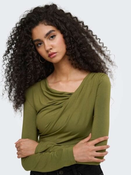 JDY IRENA L/S WATERFALL TOP JRS,  Langermet Topp Med Drapering I Modal, Dark Olive, Mørk Oliven