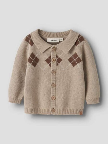 LIL ATELIER RONAN LS KNIT POLO CARD , Cardigan, White Pepper, Beige Med Brunt