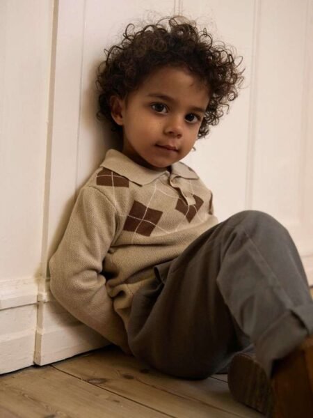 LIL  ATELIER RONAN LS KNIT POLO, Strikket Genser, White Pepper, Beige Med Brunt