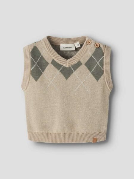 LIL ATELIER RONAN KNIT VEST, Strikket Vest, White Pepper MULLED BASIL, 4mnd - 1,5 år