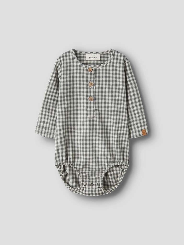 LIL Atelier ROANNE LS BODY SHIRT, Skjortebody, Mulled Basil, Dus Mørk Grønn Rutet