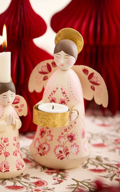 Bungalow Tea Light Holder Angel Marigold Ruby, Håndlaget Lysestake Engel, ( Samleobjekt)